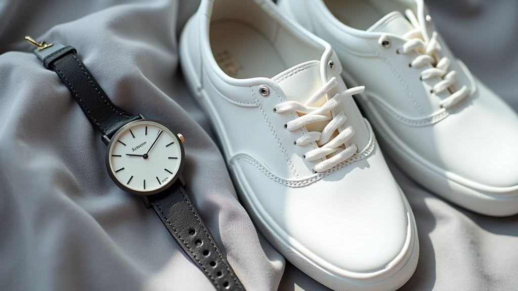 Sokak stiline uygun minimal aksesuar: saat, halka, beyaz sneaker detayı