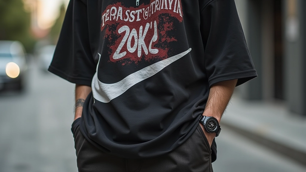 Oversize kıyafetler, grafik parçalar ve sneaker detaylarının yakın çekimi
