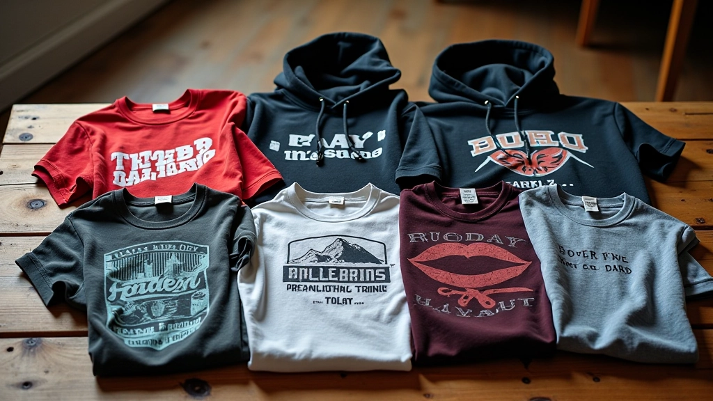 Çeşitli grafik baskılı tişörtler ve hoodie'ler koleksiyonu, renkli tasarımlar