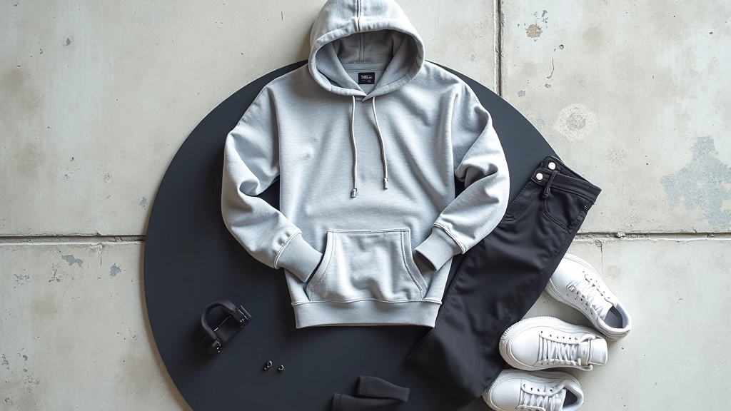 Oversize gri hoodie, dar siyah pantolon ve beyaz klasik sneaker kombinasyonu