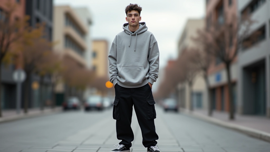 Oversize hoodie ve wide-leg pantolon kombinasyonu, modern şehir arka planı