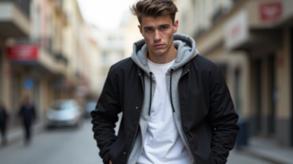 Üç katman sisteminin gösterildiği moda fotoğrafı: beyaz tişört, gri hoodie ve siyah ceket kombinasyonu