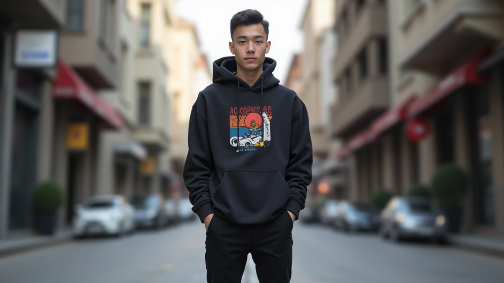 Oversize grafik hoodie, dar siyah pantolon ve beyaz sneaker kombinasyonu