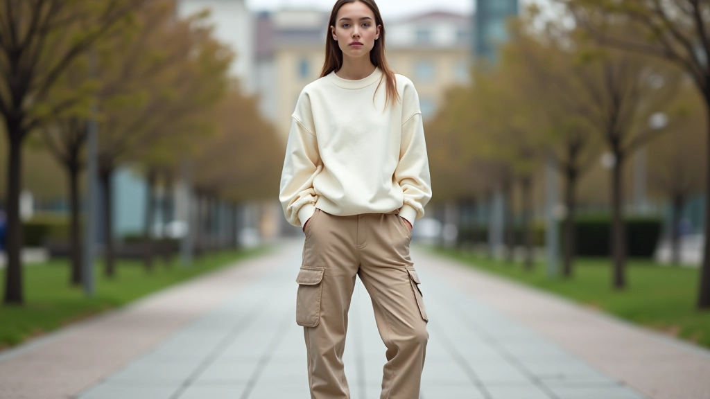 Kargo pantolon ve oversize sweatshirt kombinasyonu, beyaz sneaker ve çanta ile tamamlanmış sokak stili outfit